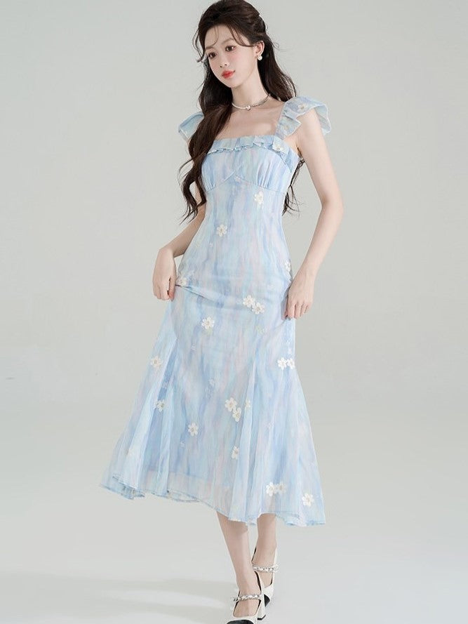HERCHIC Váy maxi hoa nhí cổ vuông tay cánh tiên phong cách đi biển dịu dàng