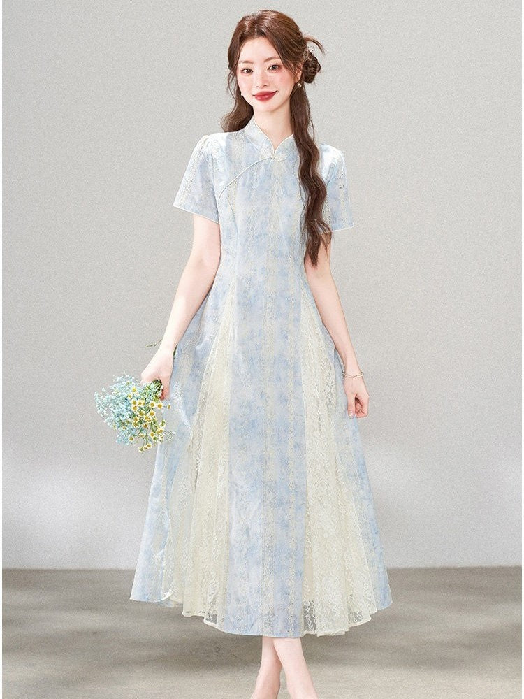 HERCHIC Váy sườn xám cải cách hoa xanh phong cách Tân Trung Hoa hiện đại