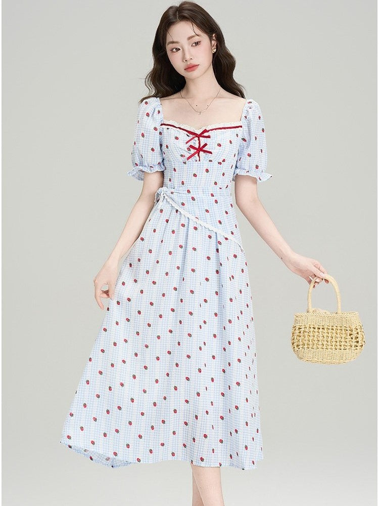 HERCHIC Váy ngắn tay bồng cổ vuông họa tiết kẻ caro phối chấm bi ngọt ngào