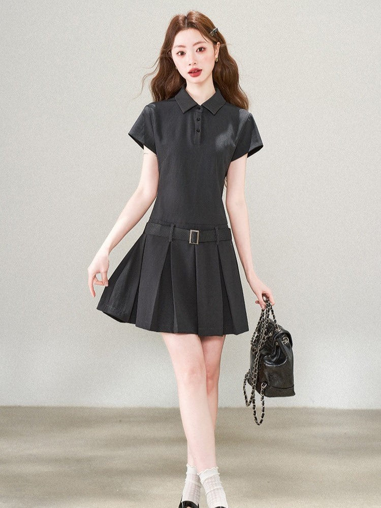 HERCHIC Váy ngắn xếp ly cổ Polo phong cách học viện Hàn Quốc tôn dáng