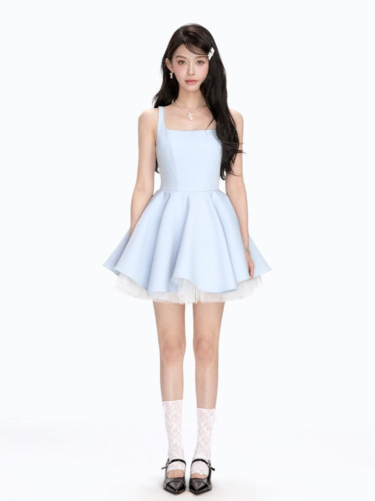 HERCHIC Váy trà hai dây dáng xoè bồng bềnh màu xanh thiên thanh dự tiệc