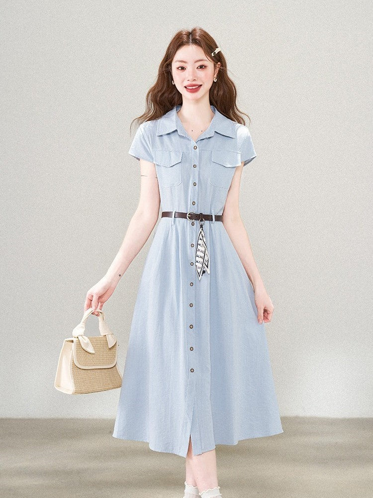 HERCHIC Váy sơ mi màu xanh phong cách Pháp thanh lịch công sở thắt eo