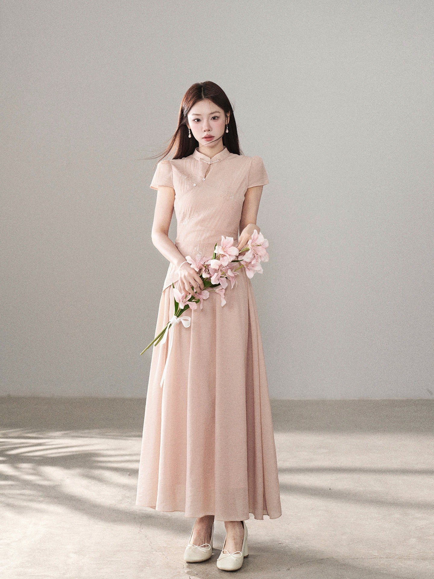 HERCHIC Váy dài cách tân cổ tàu màu hồng phấn thanh lịch dự tiệc hè