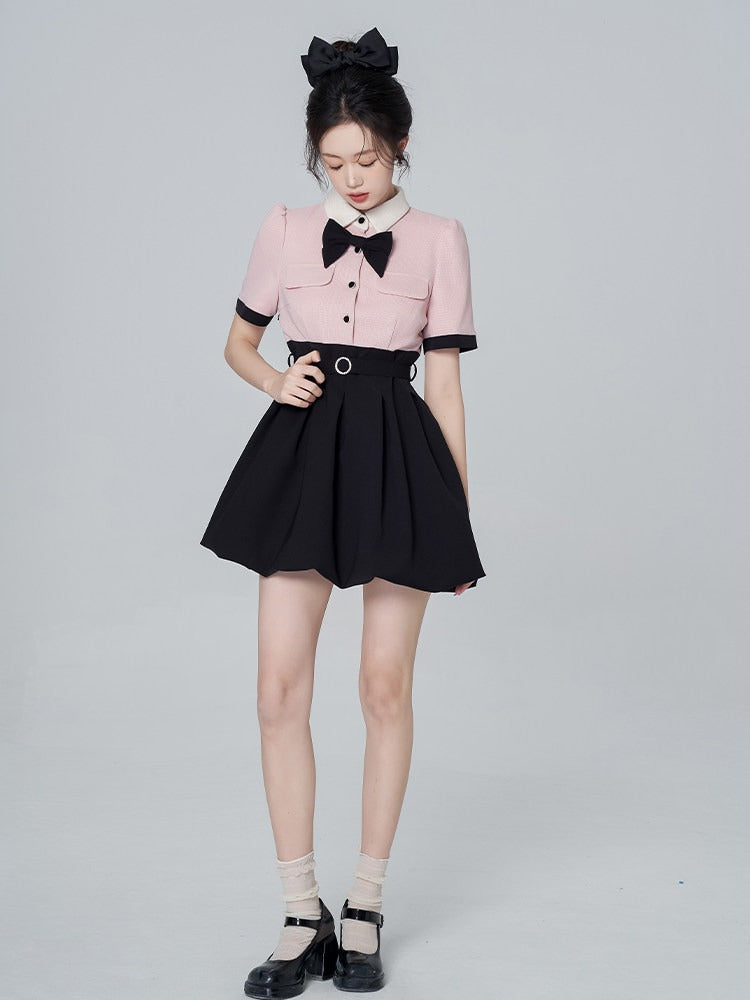 HERCHIC Váy ngắn phối màu hồng đen phong cách Preppy cao cấp ngọt ngào