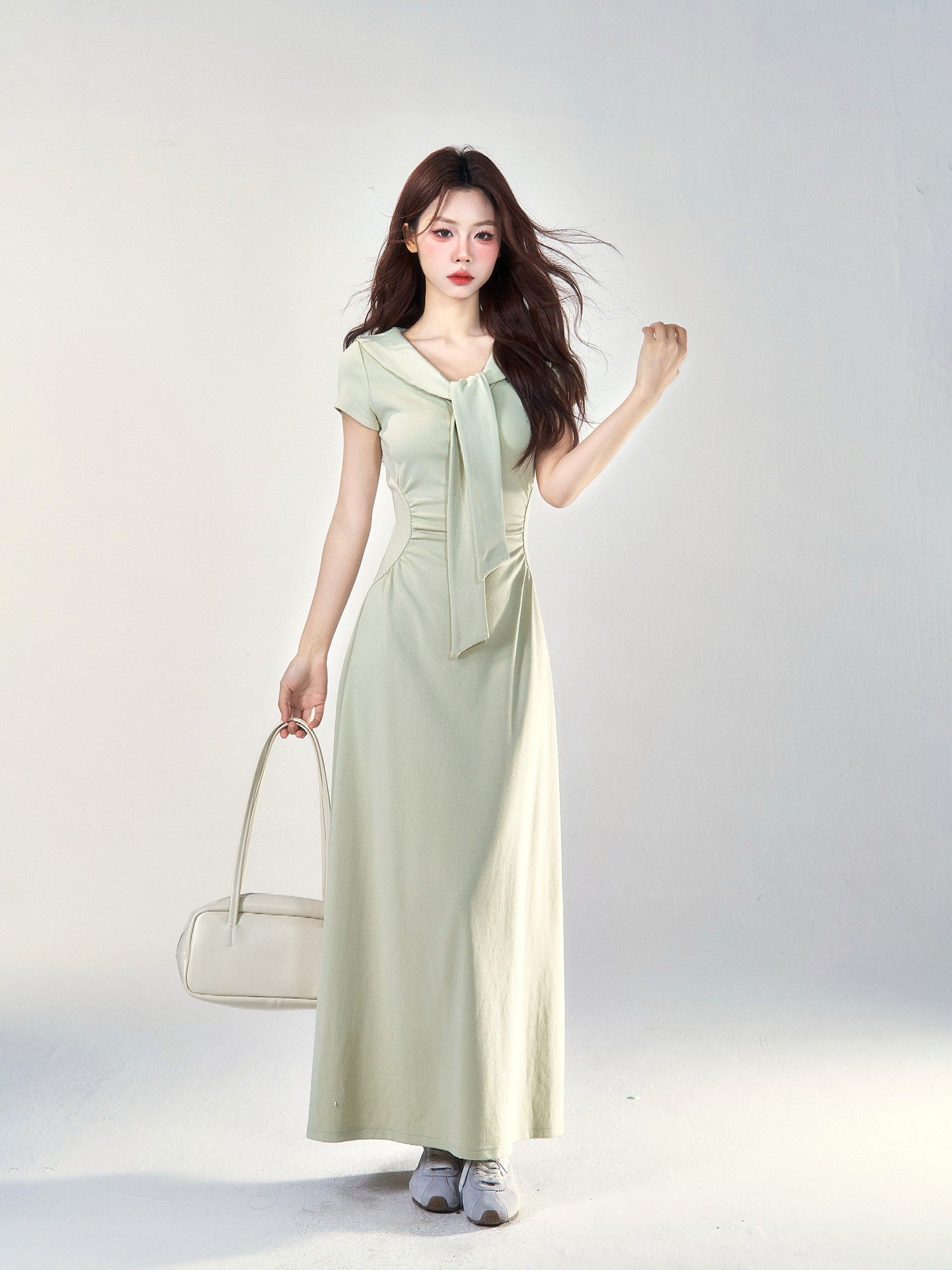 HERCHIC Váy dài cổ nơ phong cách Pháp màu xanh bạc hà thanh lịch công sở