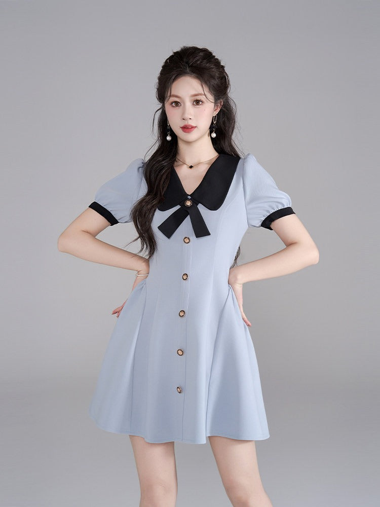 HERCHIC Váy ngắn cổ búp bê phối nơ phong cách tiểu thư ngọt ngào