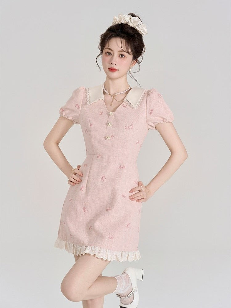 HERCHIC Váy ngắn Tweed màu hồng cổ V phối ren phong cách Pháp ngọt ngào