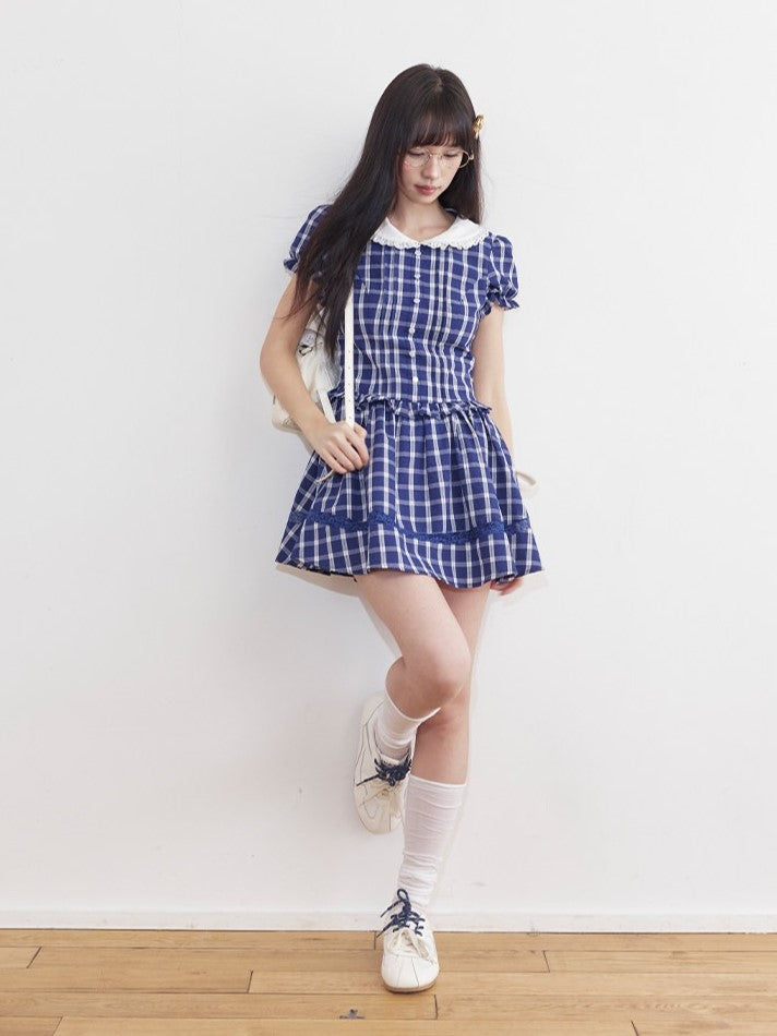 HERCHIC Váy ngắn kẻ caro cổ sen tay bồng màu xanh than