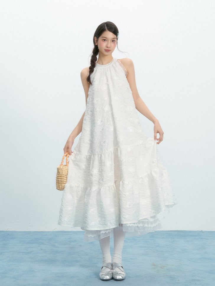 HERCHIC   Váy dài cổ yếm họa tiết jacquard dập nổi dáng xòe tầng phong cách Pháp lãng mạn