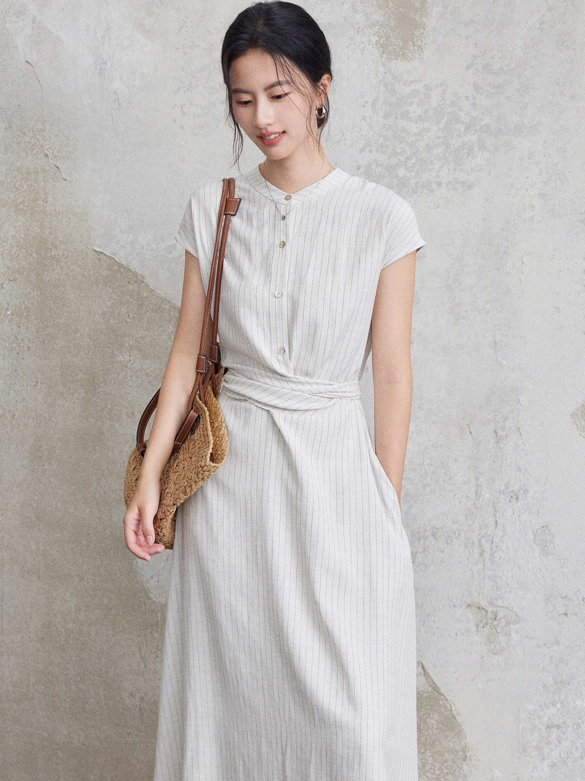 HERCHIC Đầm Sơ Mi Maxi Kẻ Sọc Màu Trắng Công Sở Hàng Ngày
