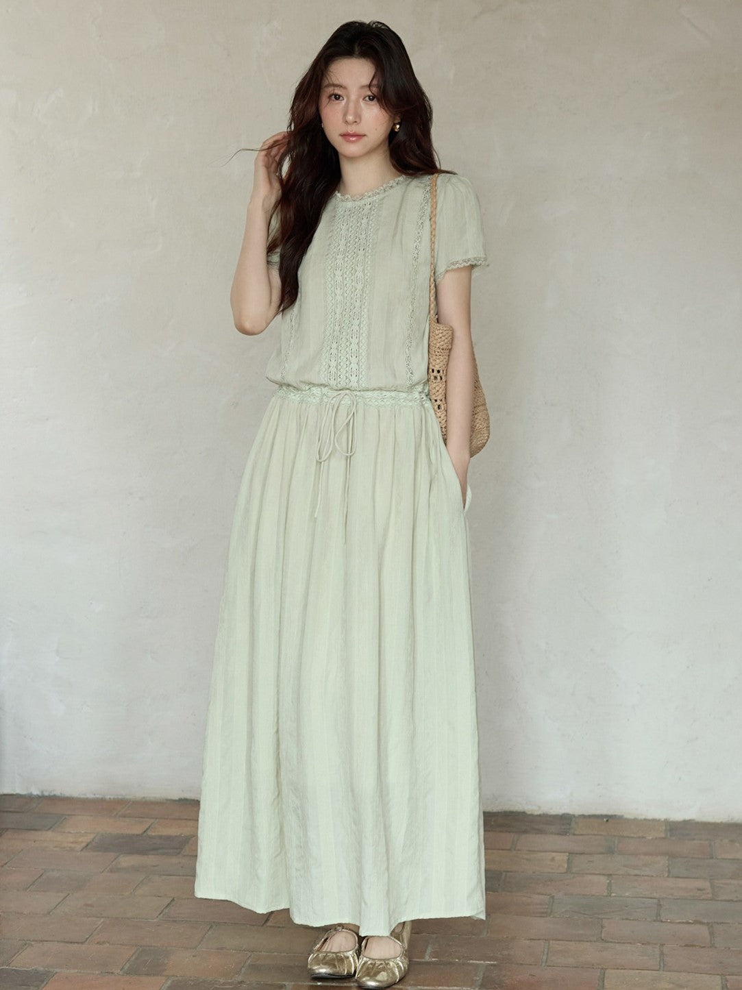 HERCHIC Đầm Maxi Gấm Viền Ren Màu Xanh Lá Dáng Dài Thanh Lịch Đi Biển