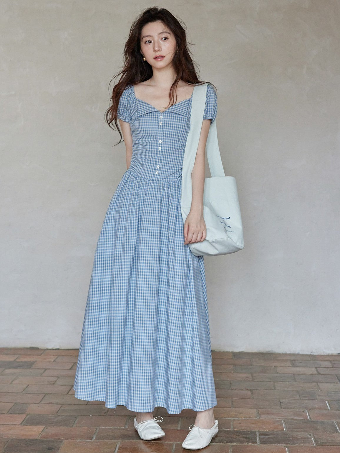 HERCHIC Đầm Maxi Caro Tay Phồng Màu Xanh Nhạt Mùa Hè Hàng Ngày