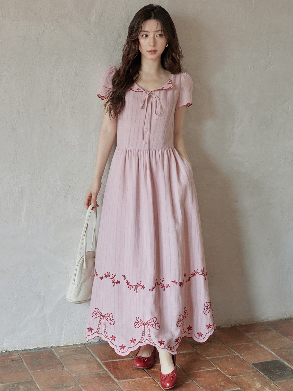 HERCHIC Đầm Maxi Thêu Nơ Màu Hồng Nhạt Dáng Dài Đi Biển Mùa Hè