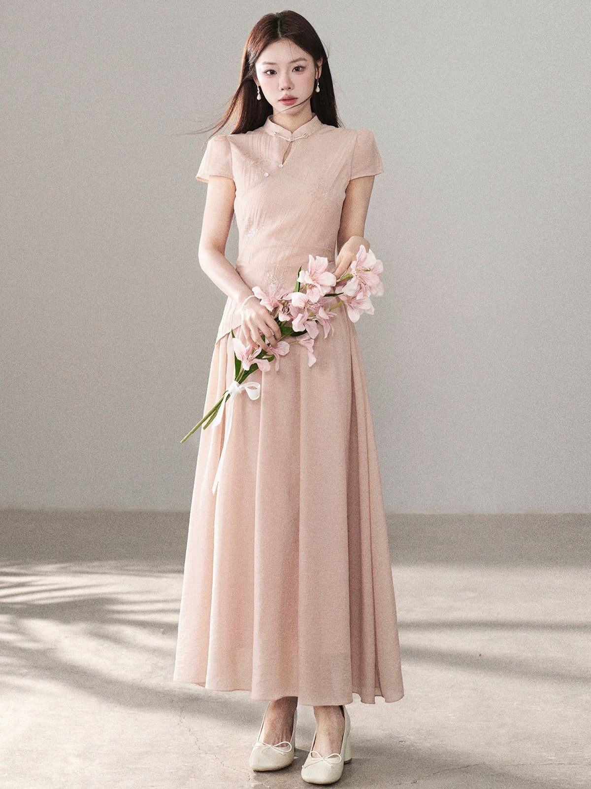 HERCHIC Đầm Maxi Cách Tân Cổ Tàu Màu Hồng Đi Tiệc Mùa Hè