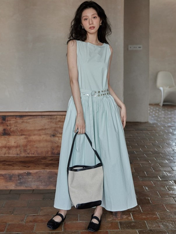 HERCHIC Đầm Maxi Sát Nách Màu Xanh Bạc Hà Đi Biển Mùa Hè